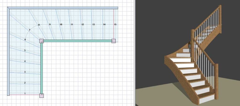 Quarter turn stair in plan view and 3D