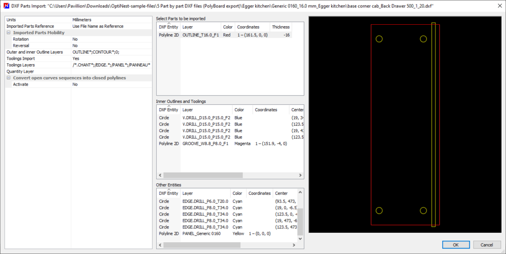 single dxf part import window