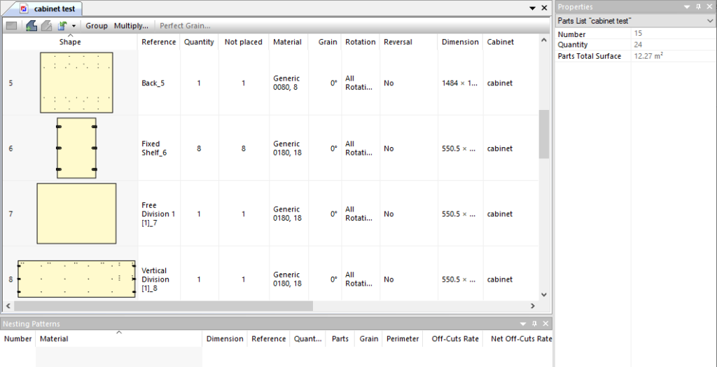 parts list in optinest