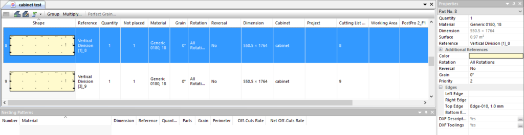 individual part parameters