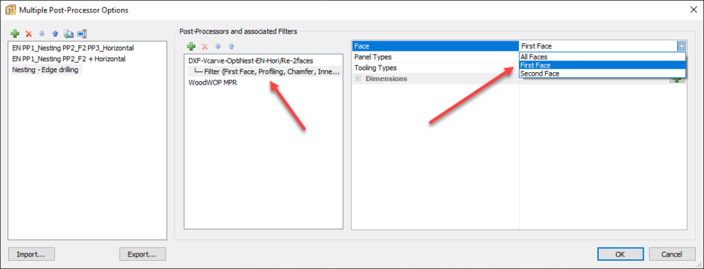 multiple post processor filtered for first and second face