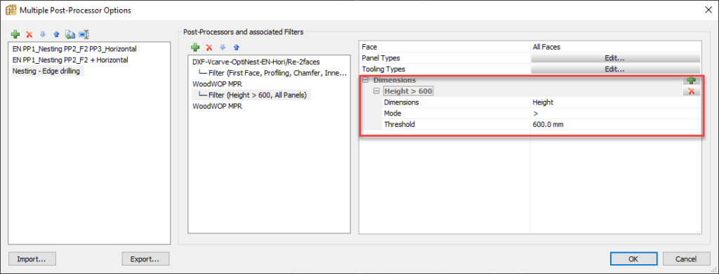 multiple post processor filtered by part size