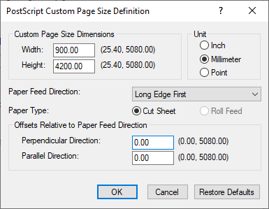 PostScript customer page size parameters